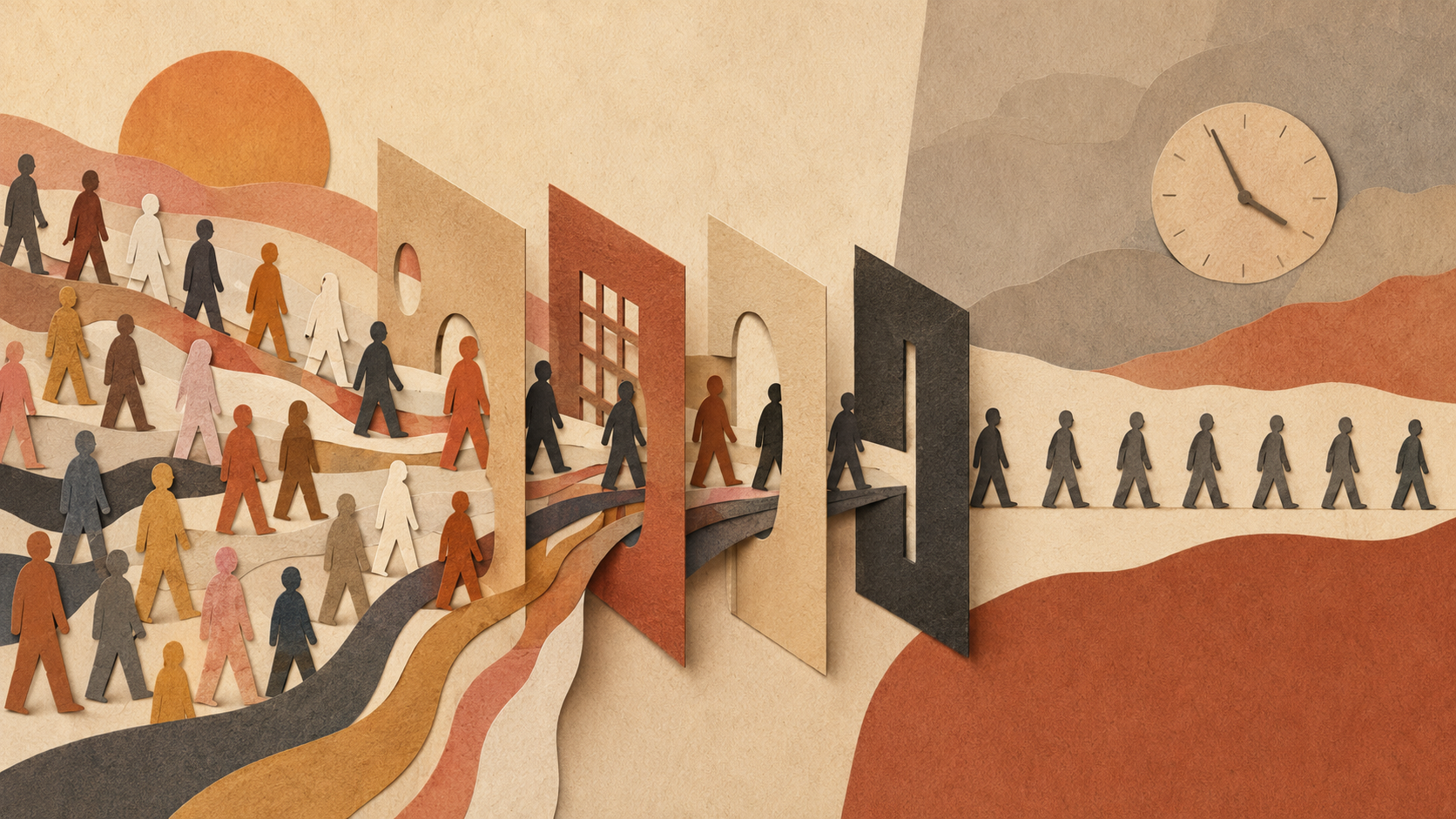 A diverse group of candidates passes through a narrowing series of hiring gates and emerges as a uniform line beneath a clock.